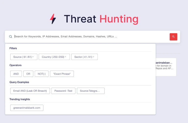 Búsqueda de Threat Hunting de SOCRadar CTI con filtros de fuente, país y sector, operadores y ejemplos de consulta