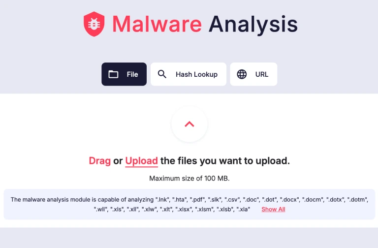 Pantalla de análisis de malware de SOCRadar para subir un archivo, buscar un hash o analizar una URL
