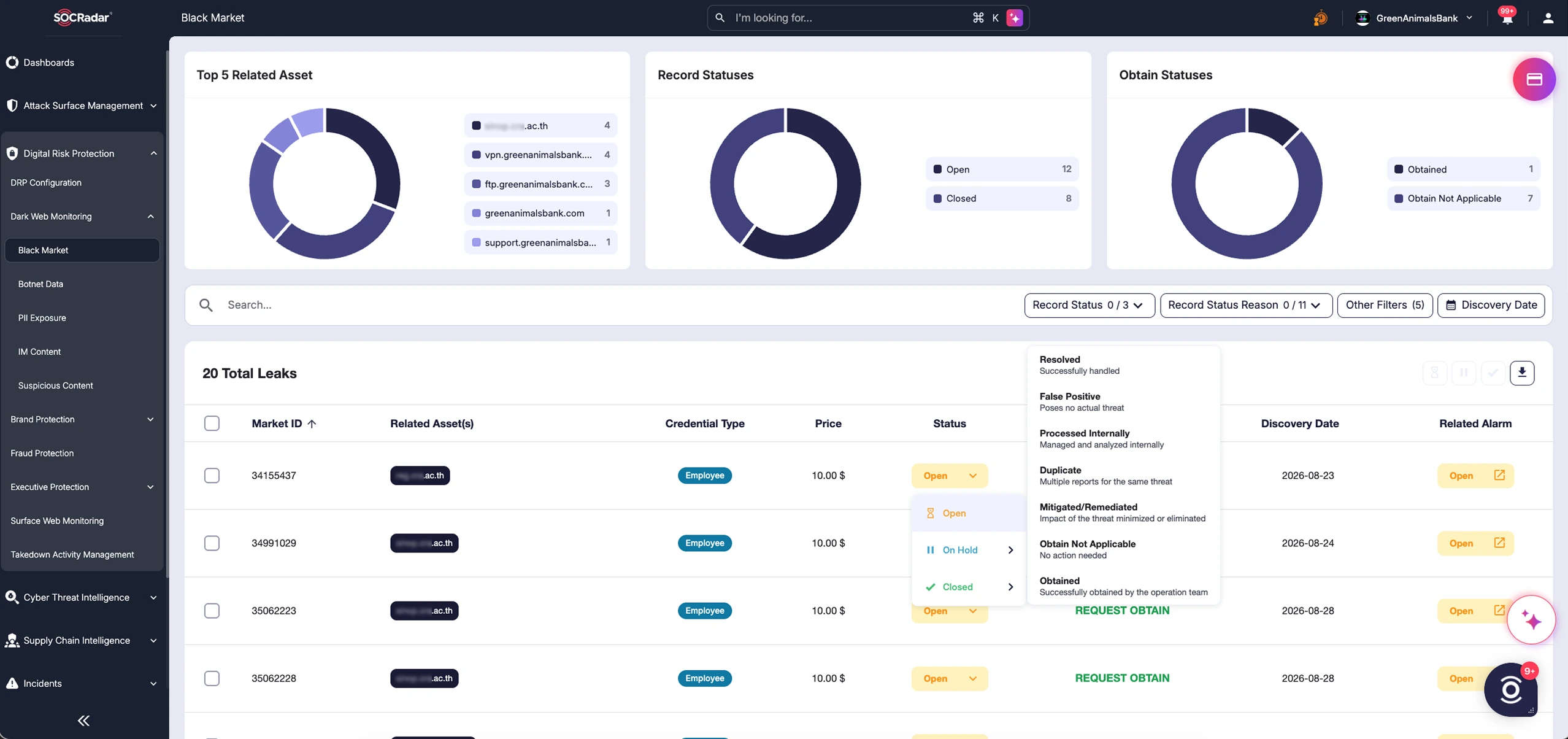 Black Market screen in the SOCRadar platform