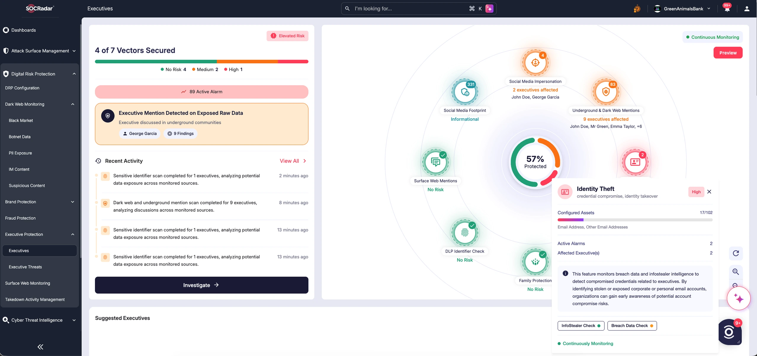Executive Protection screen in the SOCRadar platform