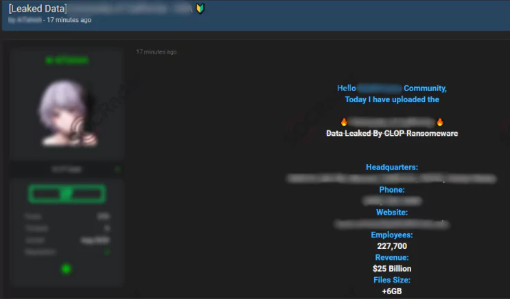 An alleged database leaked by CLOP is detected in a hacker forum monitored by SOCRadar