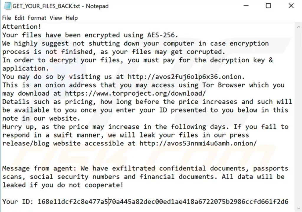 An example of AvosLocker ransom note