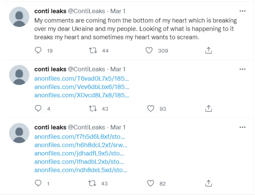 Screenshot showing ContiLeaks Twitter account’s previous tweets