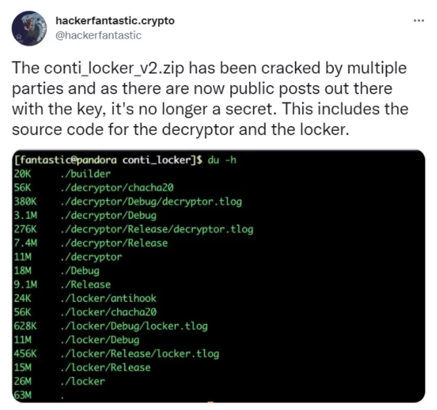 Screenshot of a tweet showing the contents of the decrypted Conti Locker Software