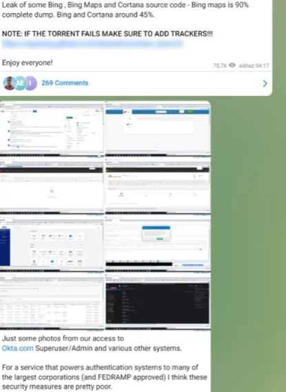 Okta hack announcement on Lapsus$ Telegram Channel 