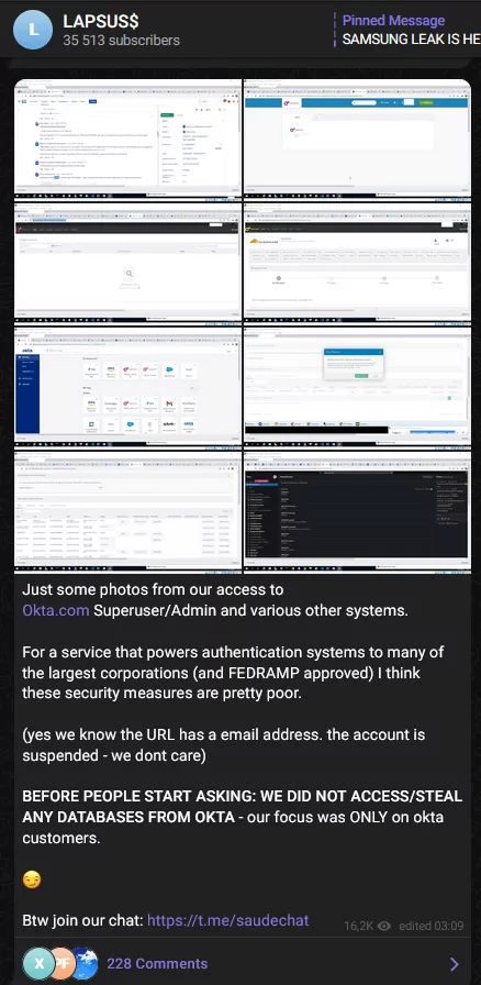 The group Lapsus$ shared this message about the Okta breach on their Telegram channel.