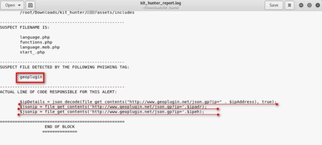 A phishing kit hunter tool report screenshot.