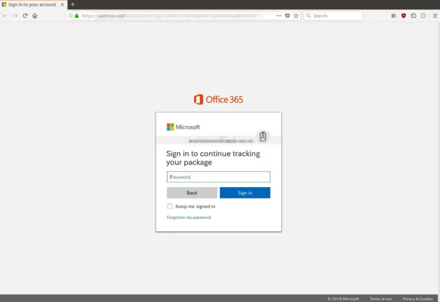 A phishing scam using Office 365 log-in screen.
