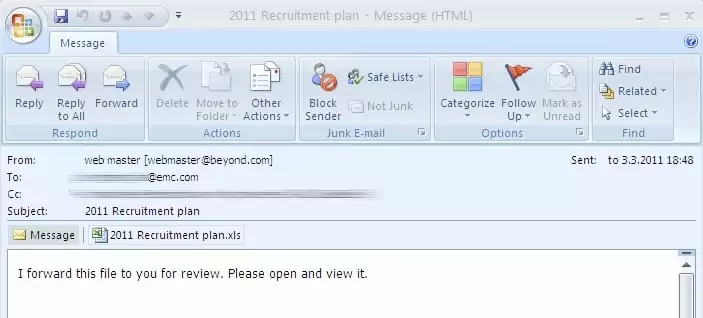 The phishing attack on RSA in 2011 started with this email.