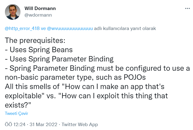 Vulnerability analyst Will Dormann shared Spring4Shell exploitation prerequisites on his Twitter account.