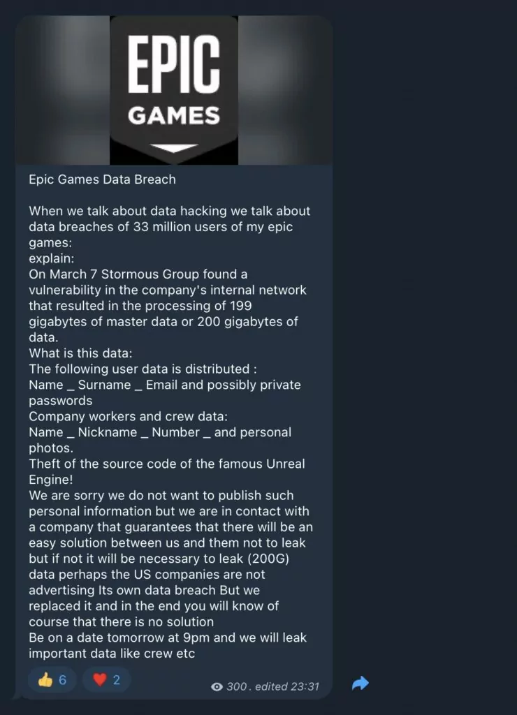 Stormous' statement on the Epic Games breach 