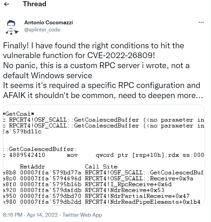In his tweet, Cocomazzi says that the vulnerability could be exploited on the RPC server.