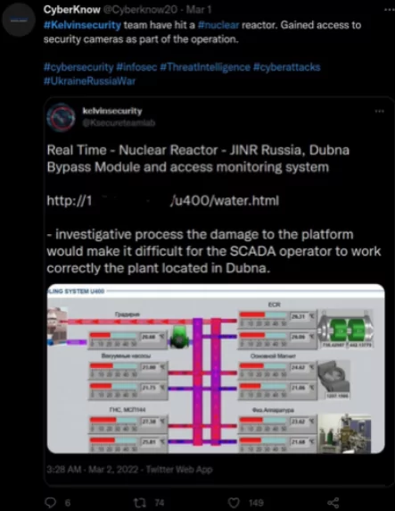 An announcement tweet about Kelvin Security hacking the nuclear reactor 