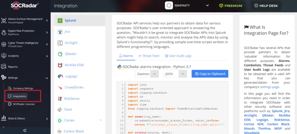 Screenshot of SOCRadar Integrations page