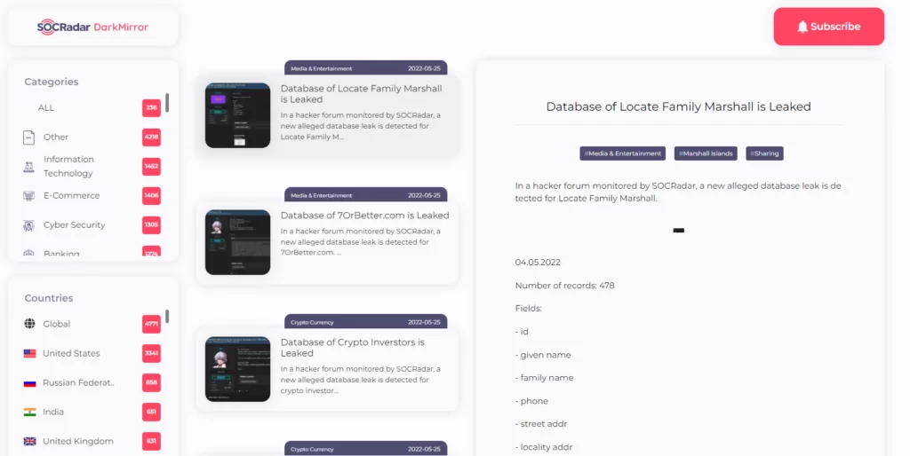 SOCRadar's DarkMirror brings you the latest deep/dark web events.
