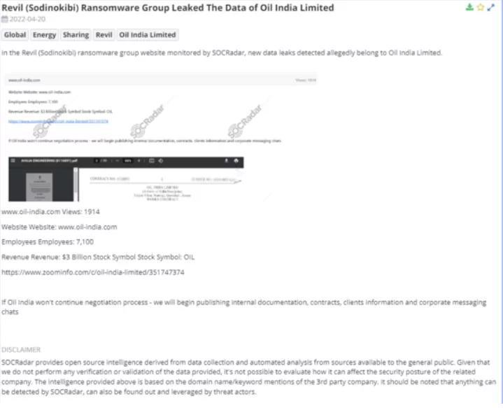 Threat actors claimed they leaked Oil India's sensitive data.