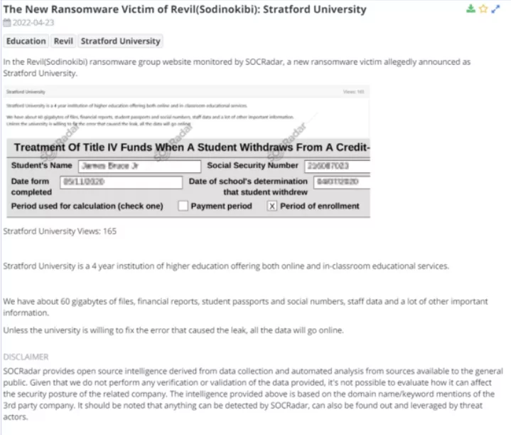 Screenshot from the SOCRadar platform showing the University of Stratford REvil attack.