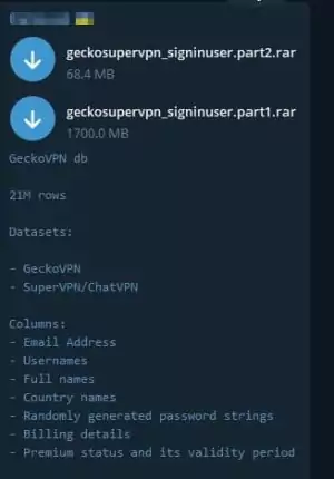 Threat actors shared the leak on their Telegram channels, including VPN users' data.