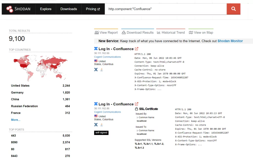 Shodan results on Atlassian Confluence vulnerability.