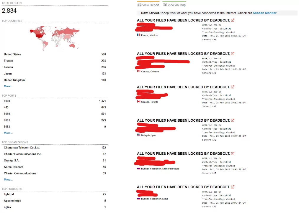 Shodan results show devices infected by DeadBolt ransomware.