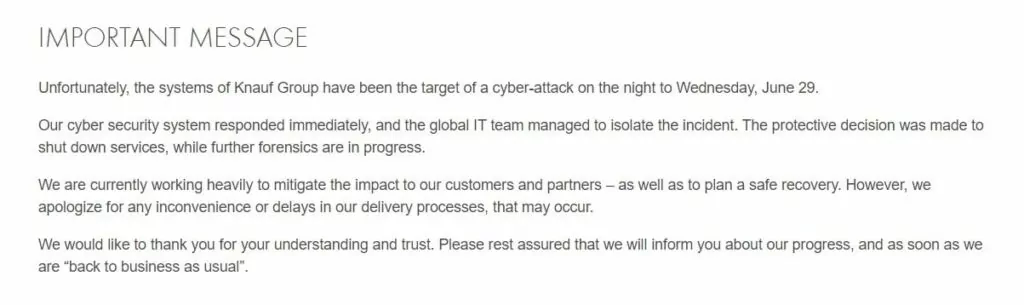 Knauf published an announcement on its website confirming the attack.