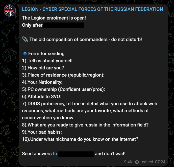 Killnet shared a post about "Legion enrollment" on their Telegram channel
