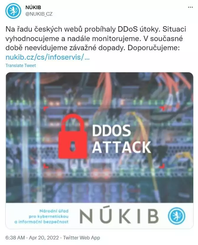 NUKIB's tweet about the recent Killnet DDoS attack