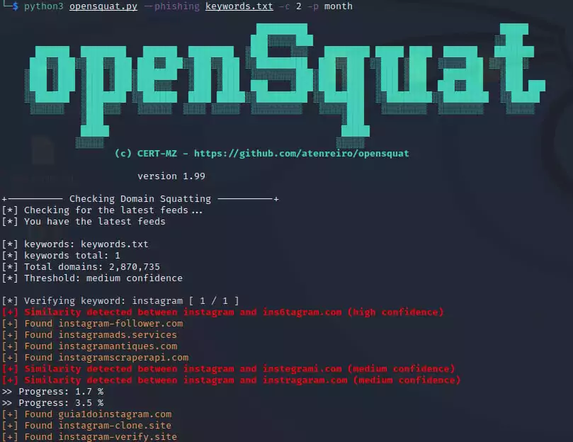 openSquat detects phishing domains and domain squatting. It also supports permutations such as homograph attack, typosquatting, and bitsquatting.