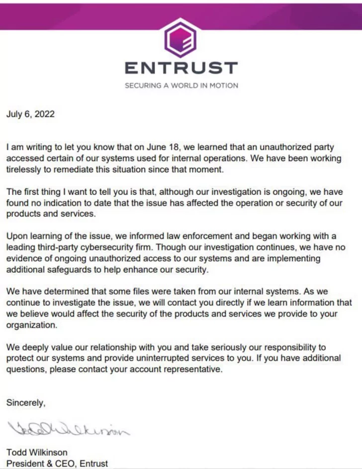 Entrust made a statement about the incident.
