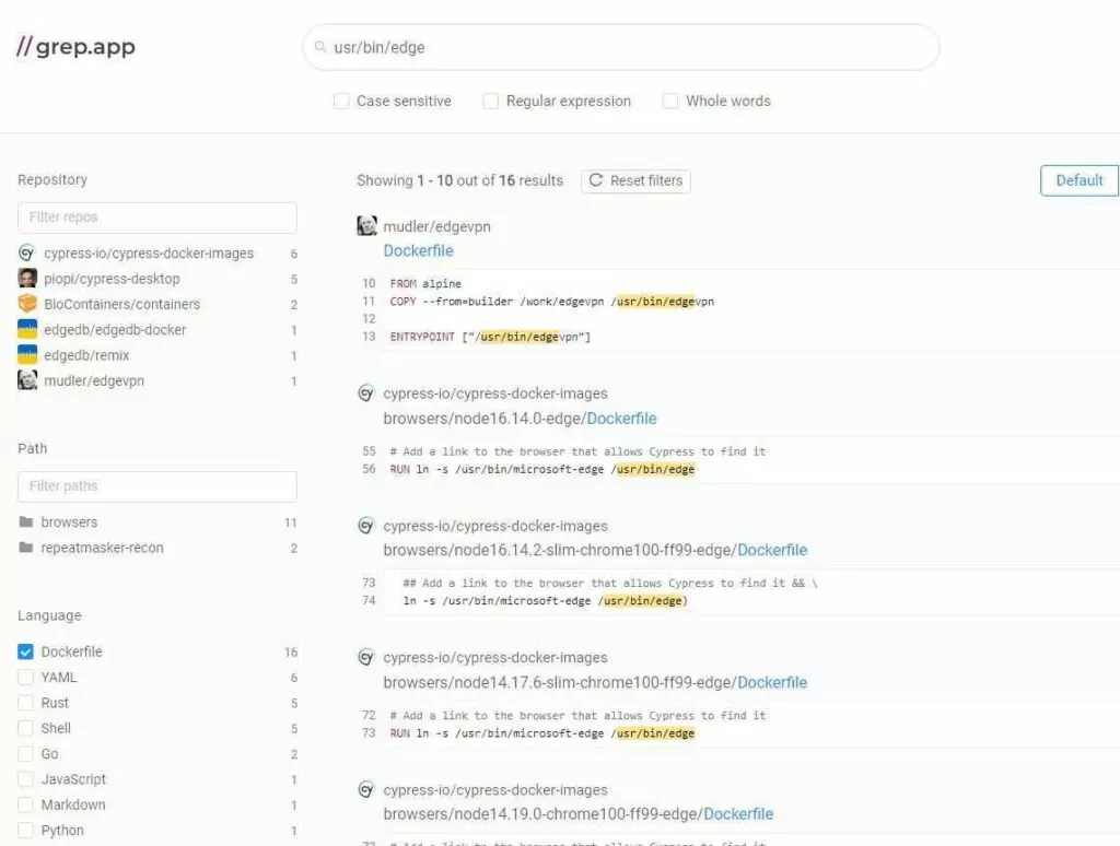 “Edge” browser search results with Language of Dockerfile 