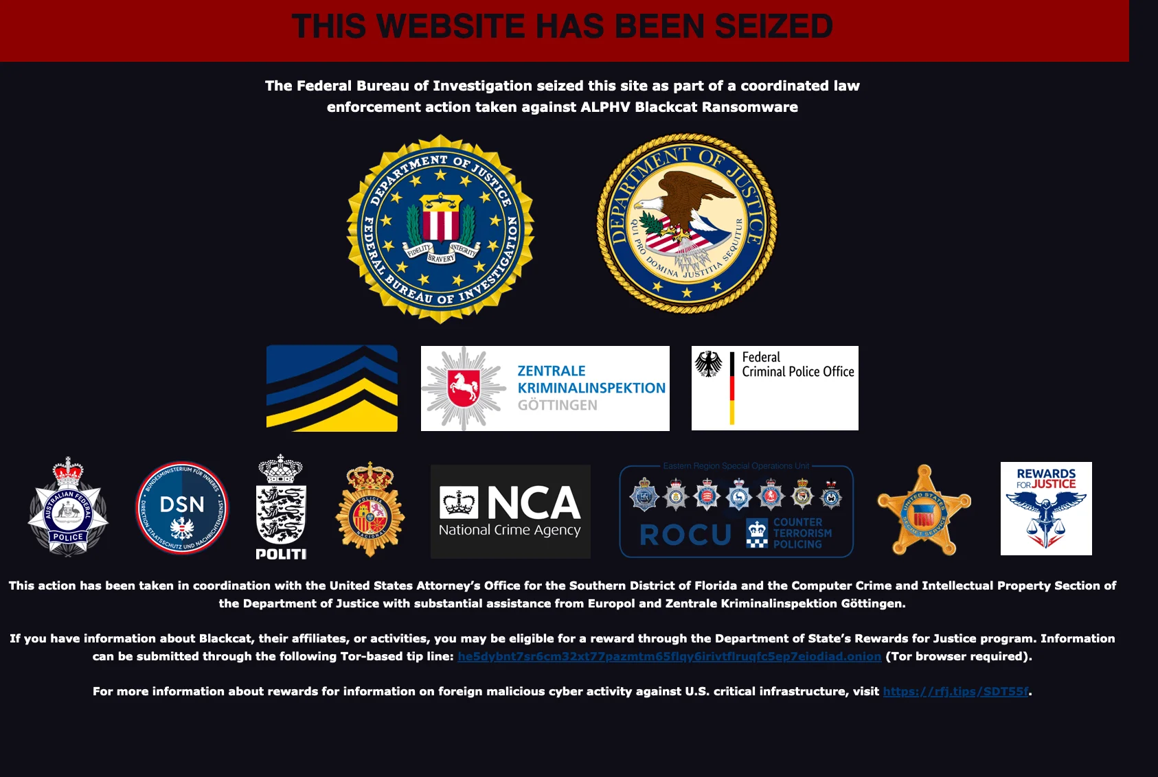 ALPHV’s leak site, seized by Law Enforcement