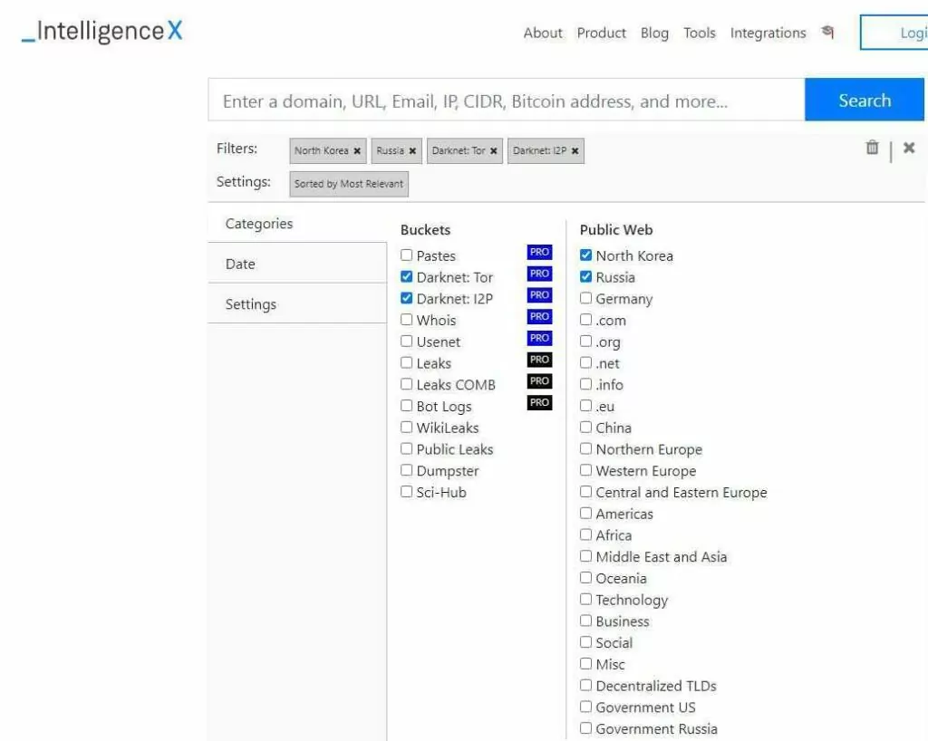The user interface of IntelX search engine 