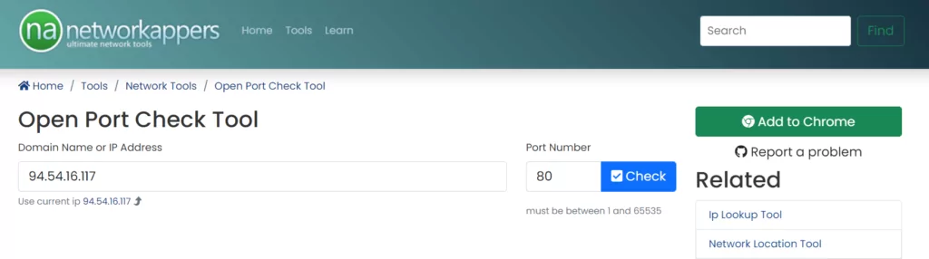 The open port checker extension allows you to check the port status of your external IP address or any IP address you have entered and scan open ports on your connection.