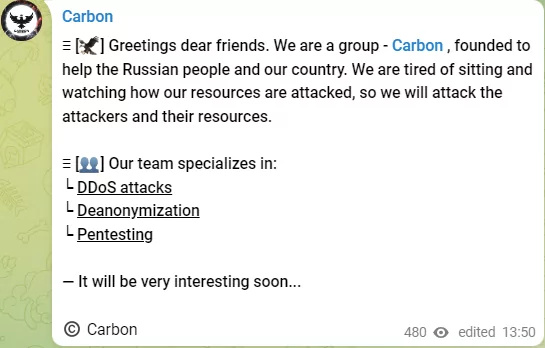 Carbon’s first post on Telegram 