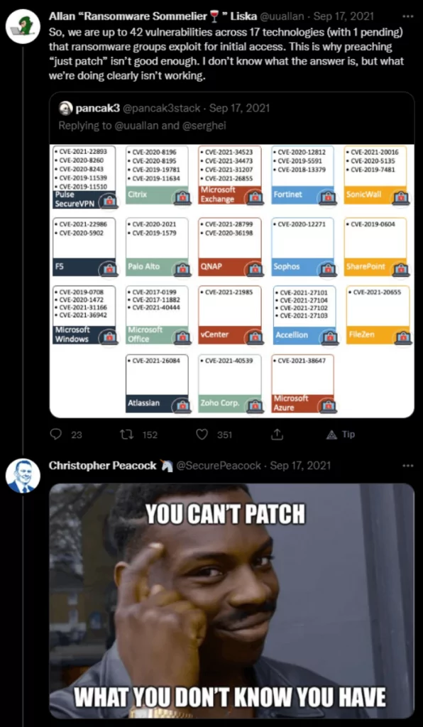 Figure 15: A Twitter thread about attack surface management for ransomware prevention