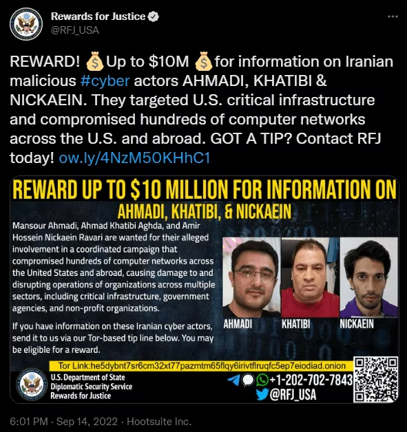 RFJ’s tweet post about three Iran nationals