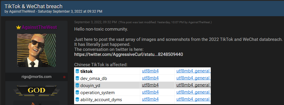 TikTok database screenshots on a hacker forum
