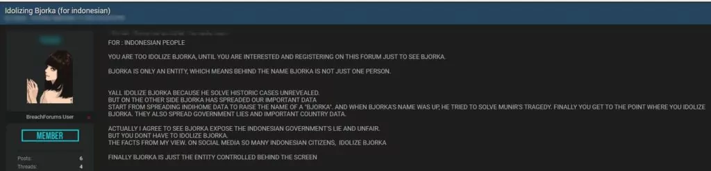 BreachForums post criticizing Bjorka supporters