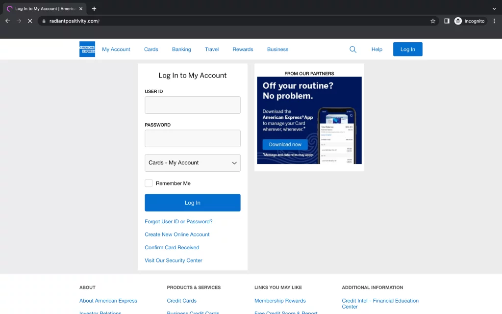 A fake American Express landing page that designed to steal credentials (Source: Armorblox) 