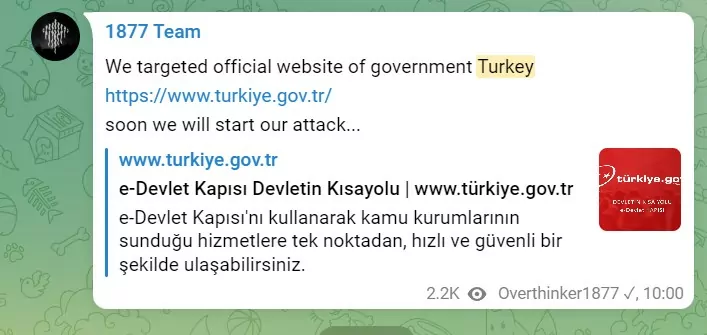 Overthinker1877 mentioned they will attack the Turkish Governmental website 