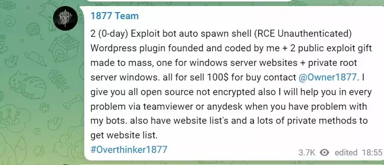 Overthinker1877 selling zero-day exploits 
