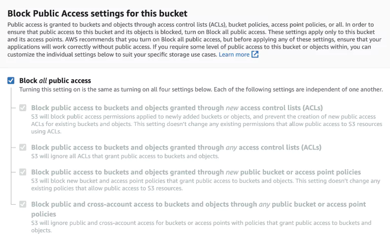 Public access settings for S3 bucket