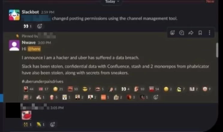 Hacker posted a message from a compromised Slack account (Source: Twitter)