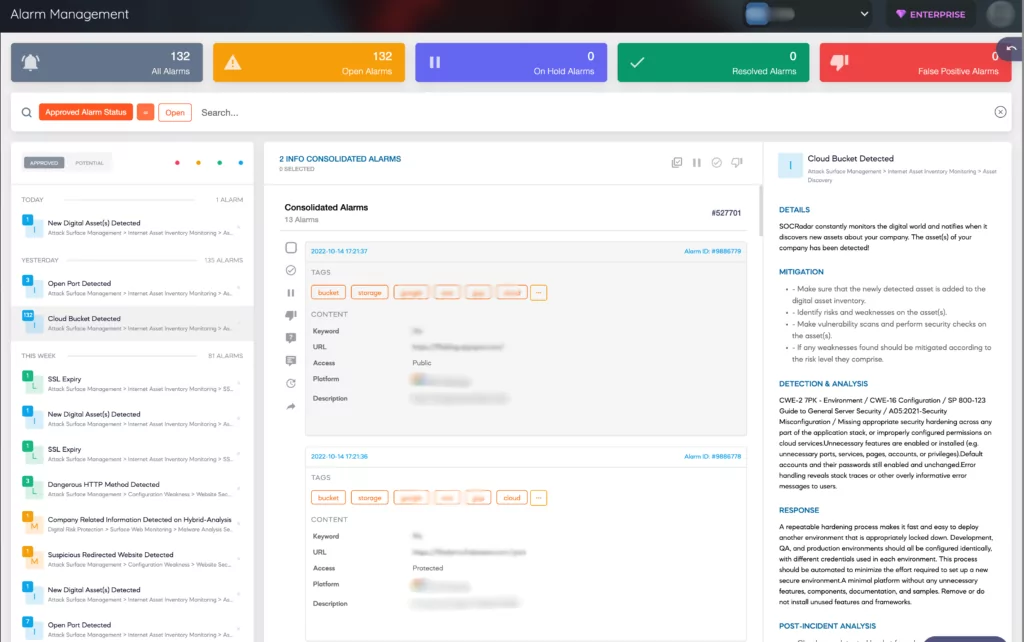 SOCRadar's Cloud Security Module sends instant alarms about buckets' status.