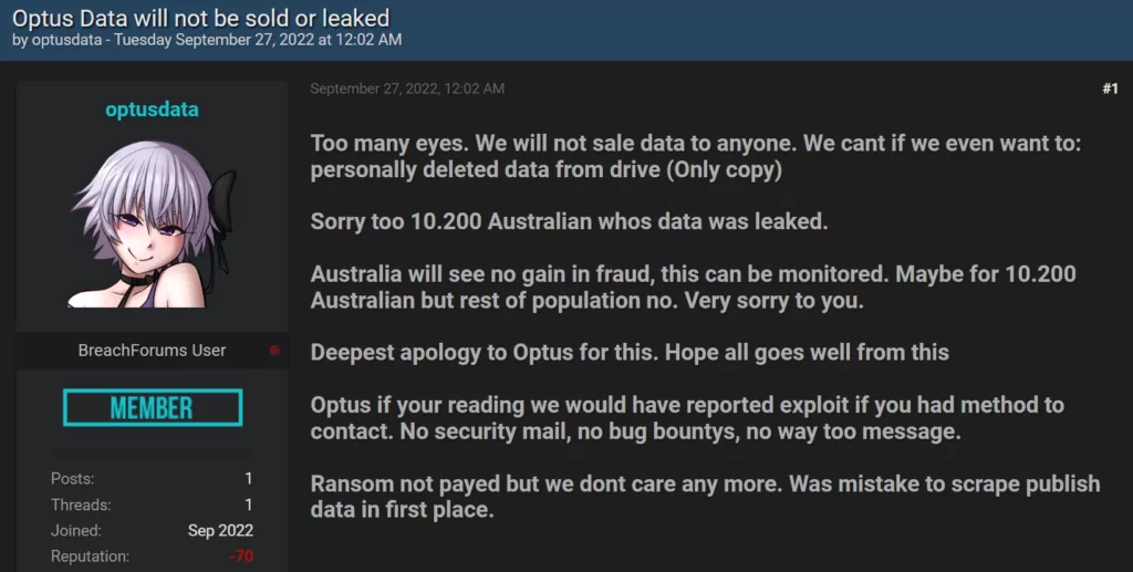 Threat actor's statement about Optus breach