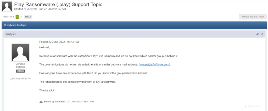 Play Ransomware first seen