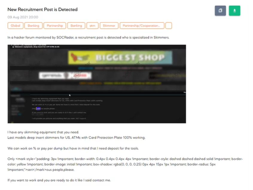 An announcement on a dark web forum for loaning ATM skimming equipment. (Source: SOCRadar)