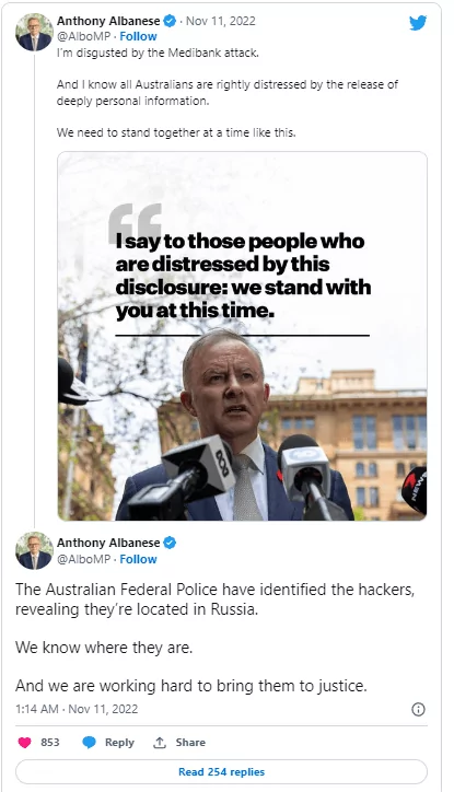Australian Prime Minister Anthony Albanese tweeted about the Medibank incident.